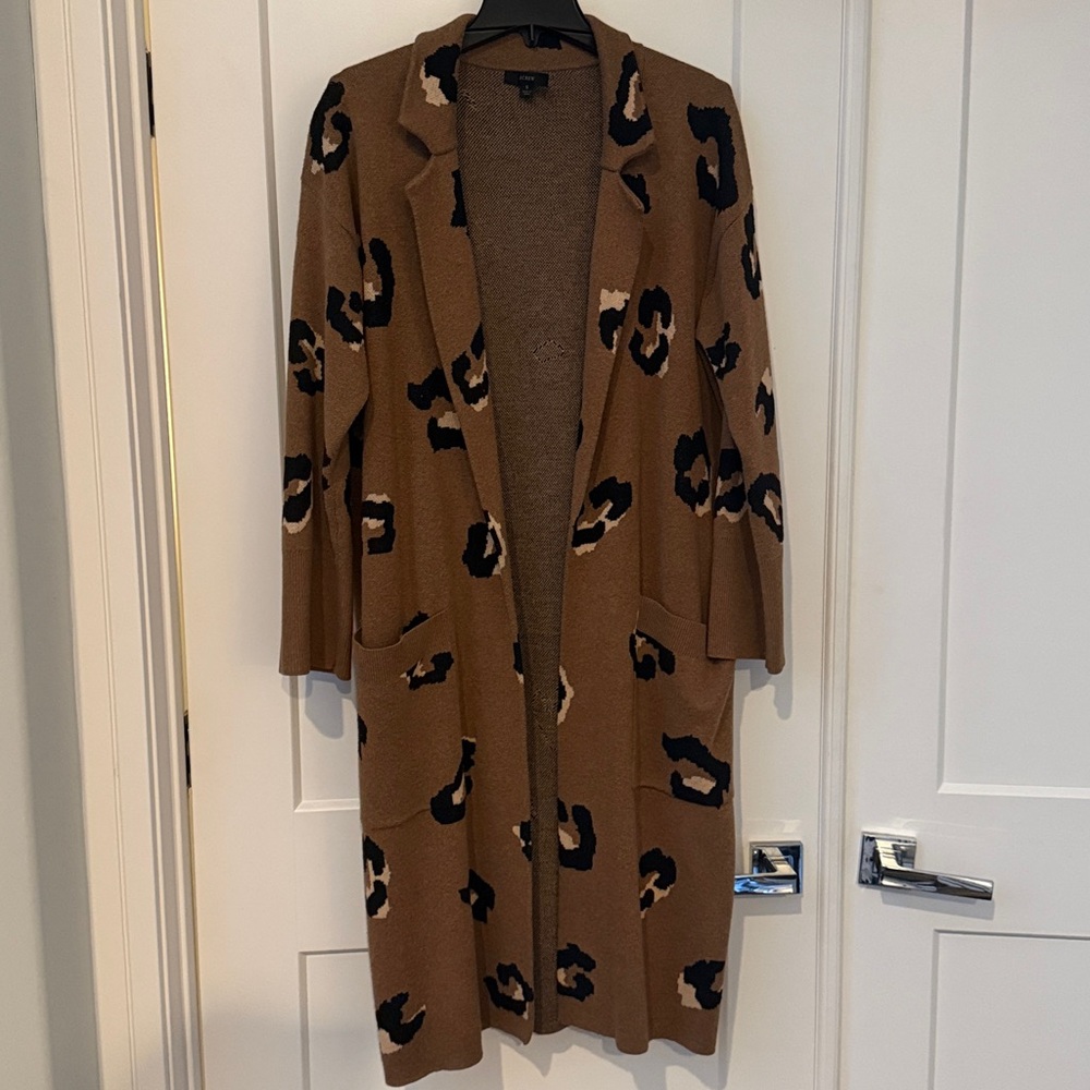 J Crew S Ella Leopard Open Front Long Sweater Blazer Cardigan - Picture 6 of 10